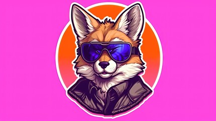  a fox wearing sunglasses and a leather jacket on a pink background with an orange circle around it and a pink circle around the image of the fox.  generative ai