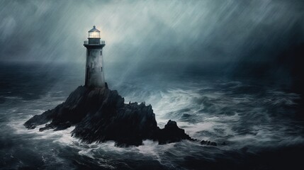  a lighthouse in the middle of a stormy sea with a light on top of it in the middle of the night, with a dark sky.  generative ai