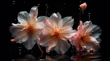  three pink flowers with water droplets on a black background with a reflection of the flowers in the water and the reflection of the flowers in the water.  generative ai