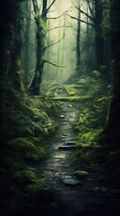  a path in a forest with moss growing on the ground and trees on the sides of the path, with a light coming through the trees.  generative ai