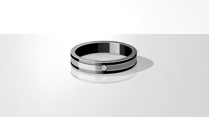  a black and white wedding band with a diamond in the middle of it, on a white surface, with a reflection of the ring in the middle of the ring.  generative ai