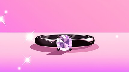  a ring with a purple diamond on a pink surface with stars around it and a shadow of a ring on the ground with a pink background.  generative ai