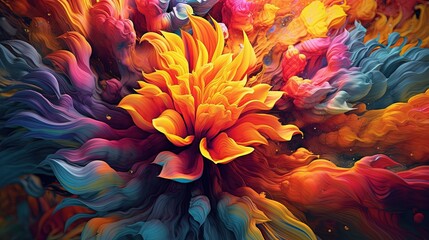 Fototapeta na wymiar a painting of a large flower with many colors of paint on it's petals and petals in the middle of the petals, and the petals are yellow, orange, red, and blue. generative ai