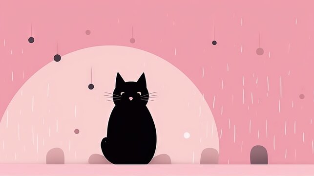  a black cat sitting in the rain with a pink background and a pink circle behind it that says hello kitty on the left side of the image.  generative ai