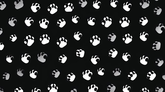  a black and white photo of a pattern of paw prints on a black background with a white outline of a cat's paw on it.  generative ai