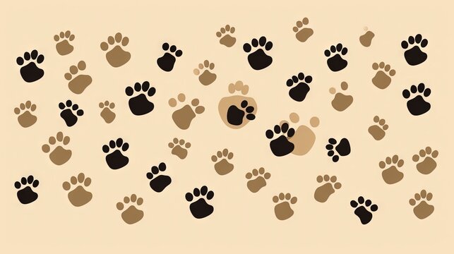  a group of black and brown paw prints on a beige background with a black circle in the middle of the picture and a brown circle in the middle of the paw print.  generative ai