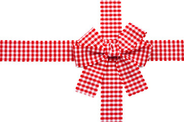 Gift red checkered ribbon and bow isolated on white background.