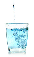 pouring water on a glass on white background
