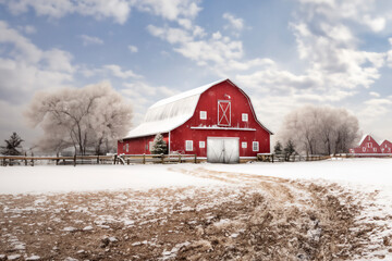 a red barn in snow - Powered by Adobe