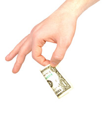 Man holding a one dollar bill in his hand, isolated on white background.