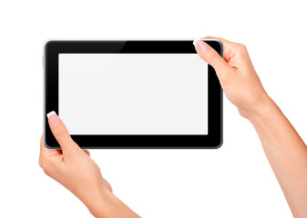  Female hands holding and touching on tablet pc isolated on white background.