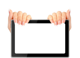 Female hands holding a tablet touch computer gadget with isolated on white background.