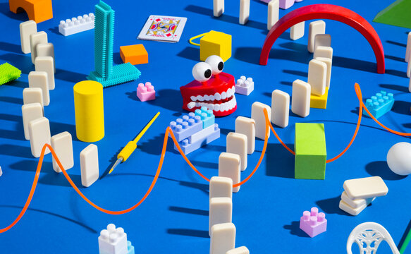 playing objects scattered on blue.