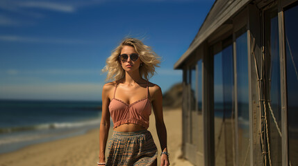 Fototapeta na wymiar Beautiful Blonde Walking on Private Beach