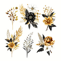 Watercolor set of flower arrangement with black gold flowers