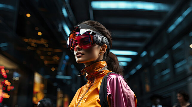 Brunette Female Robot Wearing AR Headset