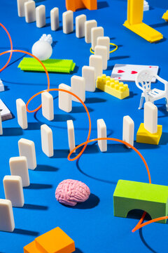 Games and toys  on blue