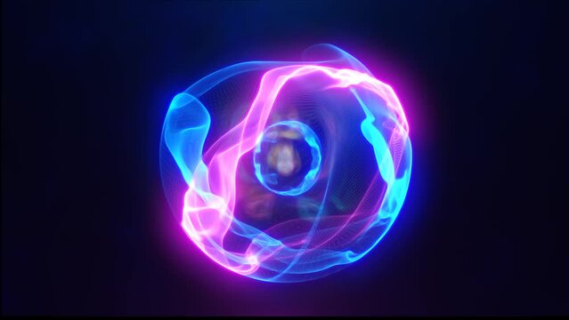 Blue purple energy sphere with glowing bright particles, atom with electrons and elektric magic field scientific futuristic hi-tech abstract background