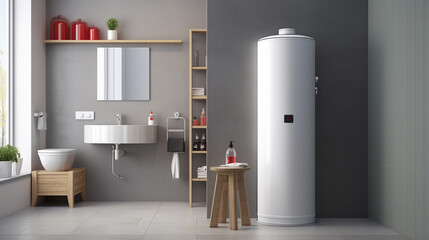 White Electric storage water heater In Gray Modern Bathroom Of Condo. Domestic water heating appliance. Safe, Environment Friendly system. Smart home. Hot water storage tank. Horizontal. AI Generated