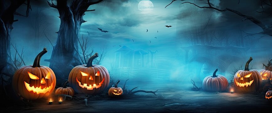 Halloween scene with scary pumpkins on dark forest background, 3d render