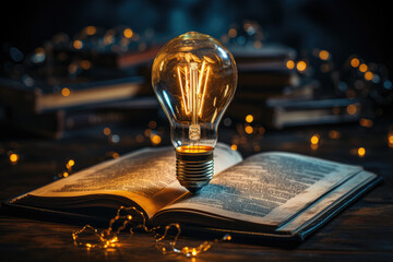A vintage-style light bulb placed beside an open book against a dark background, symbolizing the power of ideas, knowledge, and the quest for new discoveries. Generative Ai.