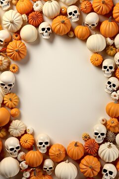 Halloween background with pumpkins and skulls. 3d illustration.