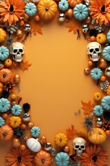 Fototapeta premium Halloween background with pumpkins and autumn leaves. 3d illustration