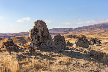 Standing stones in Zorats-Karer or Karahunj. Syunik region of Armenia.