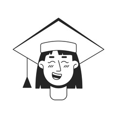 Exited young caucasian student monochrome flat linear character head. Graduation academical cap. Editable outline hand drawn human face icon. 2D cartoon spot vector avatar illustration for animation