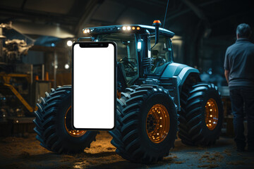 Depicting the concept of smart farming, a tractor displayed on a smartphone, emphasizing the online management capabilities of agricultural companies. Generative Ai.