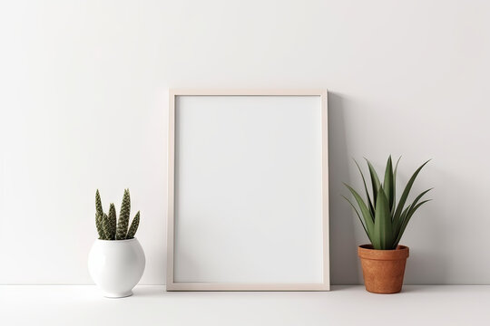 Blank wooden picture frame mockup in modern interior. Vertical template mock up for artwork, painting, photo or poster in interior design, generative AI