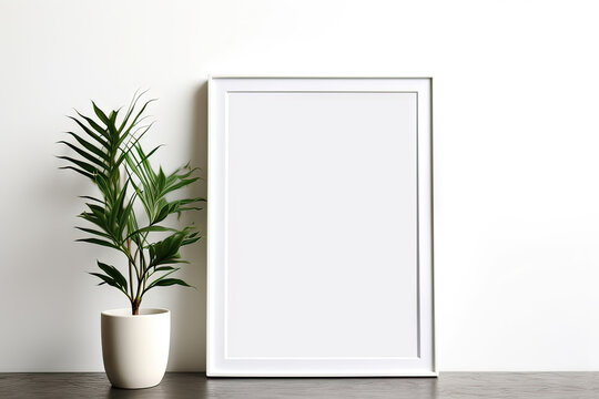 Blank wooden picture frame mockup in modern interior. Vertical template mock up for artwork, painting, photo or poster in interior design, generative AI