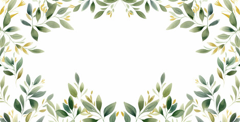 Watercolor floral frame border with green leaves, branches and elements, for wedding stationary, greetings, wallpapers, background.