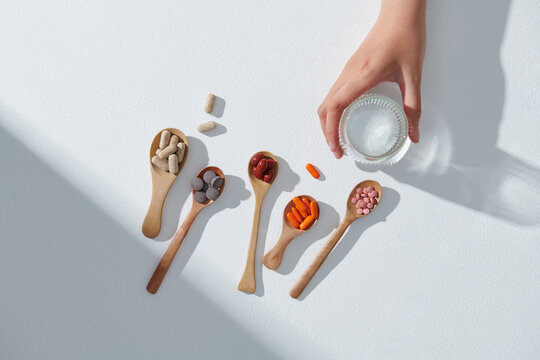 Close up top view of different healthy vitamin supplements