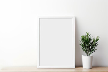 Blank wooden picture frame mockup in modern interior. Vertical template mock up for artwork, painting, photo or poster in interior design, generative AI