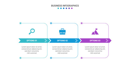 Timeline infographic with infochart. Modern presentation template with 3 spets for business process. Website template on white background for concept modern design. Horizontal layout.