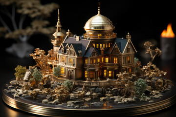 Obraz premium A metallic model house, constructed entirely from gold and silver coins, stands on a table against a dark backdrop, evoking themes of wealth and investment. Generative Ai.