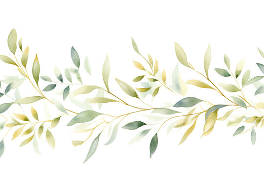 Watercolor floral border with green leaves, branches and elements, for wedding stationary, greetings, wallpapers, background