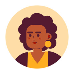 Gorgeous woman semi flat vector character head. Curly hairstyle and golden earrings. Editable cartoon avatar icon. Face emotion. Colorful spot illustration for web graphic design, animation