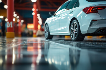 Featuring a tire at a repair service garage background, with a technician replacing winter and summer tires for a safe road trip.  Generative Ai.