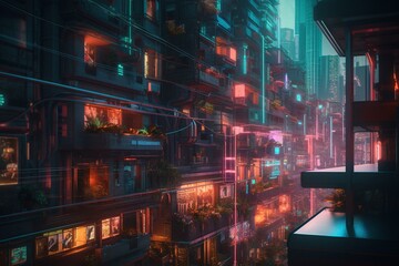 Bright neon structures in futuristic metropolis. Generative AI
