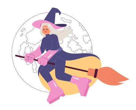 Mysterious witch flat concept vector spot illustration flat concept vector spot illustration. Fly around worlds 2D cartoon character on white for web UI design. Isolated editable creative hero image