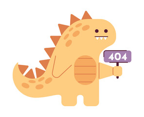 Cute dinosaur holds sign error 404 flash message. Empty state ui design. Page not found popup cartoon image. Vector flat illustration concept on white background