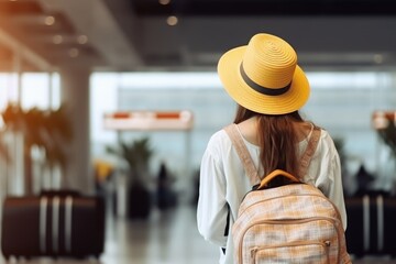 Modern woman traveler with yellow cap backpack at the airport. Generative ai.