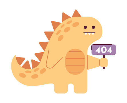 Cute dinosaur holds sign error 404 flash message. Empty state ui design. Page not found popup cartoon image. Vector flat illustration concept on white background
