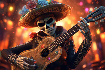 A skeleton mariachi playing the guitar. The Day of the Dead style. Generative AI