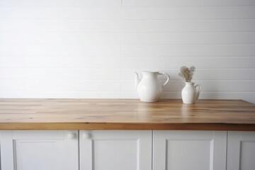 Fototapeta na wymiar Empty wooden table and blurred white kitchen wall background. Generative AI