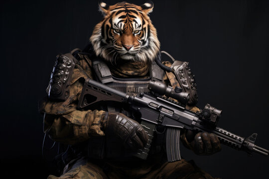 Tiger in body armor and with a machine gun. Beast in an armor with glowing eyes. Generative AI