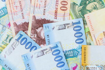 Hungarian cash forints, captured in various denominations, highlighting their monetary diversity.