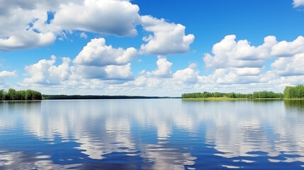 beautiful white clouds on the blue sky over the river. Generative Ai. 